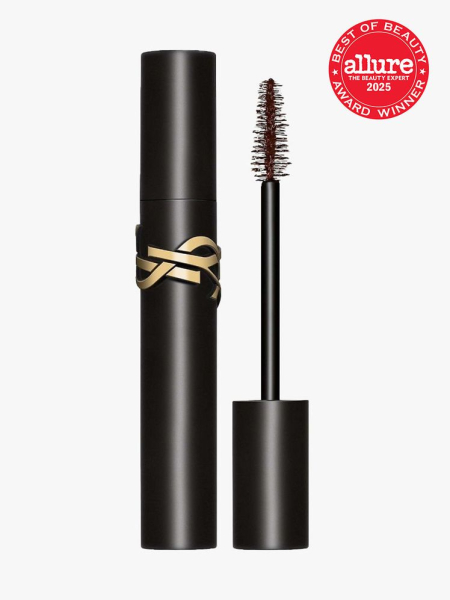 Black Tube of YSL Lash Clash Extreme Volume Mascara in Brown on light gray background 